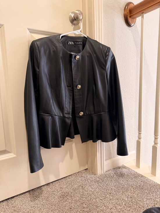 Zara Jackets & Blazers - ZARA Black Faux Leather Peplum-Style Jacket with Button Front